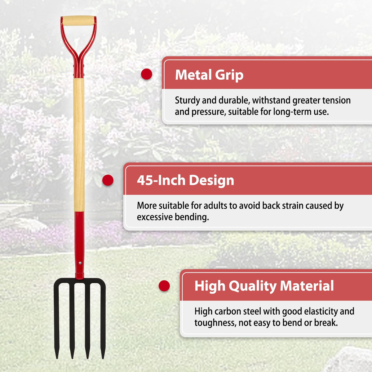 Dikuyeel Heavy Duty Garden Fork for Digging, 4 Tines Pitch Fork for Gardening Compost, Garden Pitch
