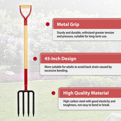 Dikuyeel Heavy Duty Garden Fork for Digging, 4 Tines Pitch Fork for Gardening Compost, Garden Pitch