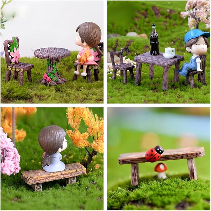 Miniature Garden Furniture Set - 14-Piece Resin Miniature Table and Chairs Set for Outdoor Decor
