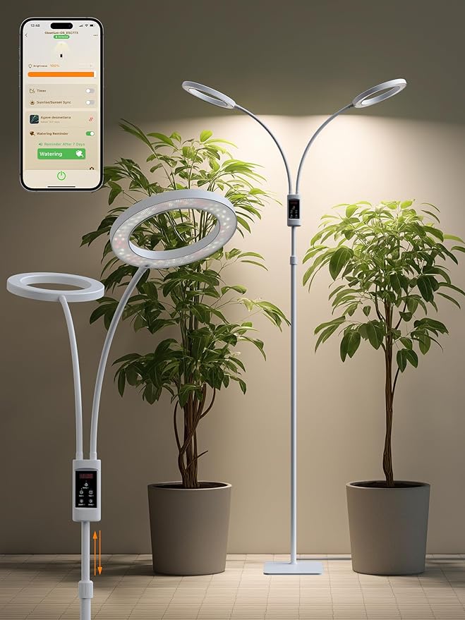 Smart Grow Lights for Indoor Plants,48W 2-Head Plant Light with Auto-Timer, Full Spectrum LED Grow