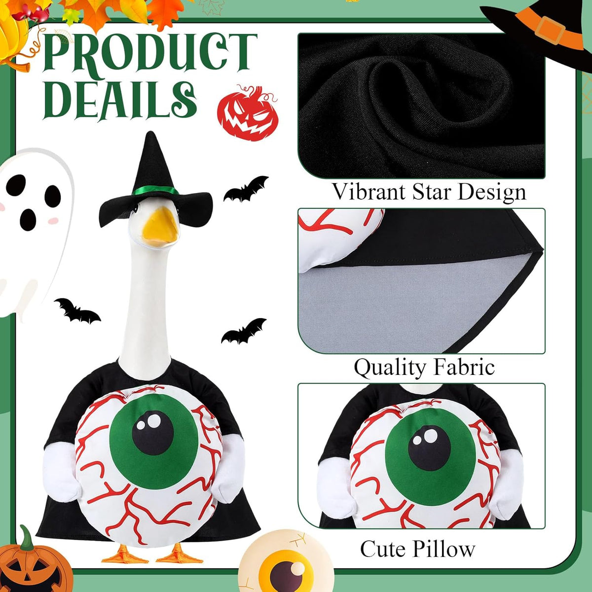 Sanwuta 1 Set Halloween Porch Goose Outfit Eyeball Pillow Design with Hat for 23" Lawn Cement Goose
