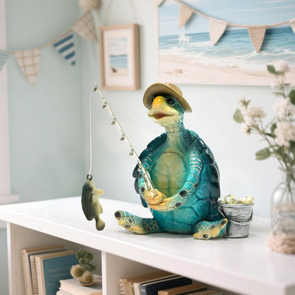 Hodao Sea Turtle Fishing Figurines Decoration Summer Turtle Crafts for Home Office Desk Decor