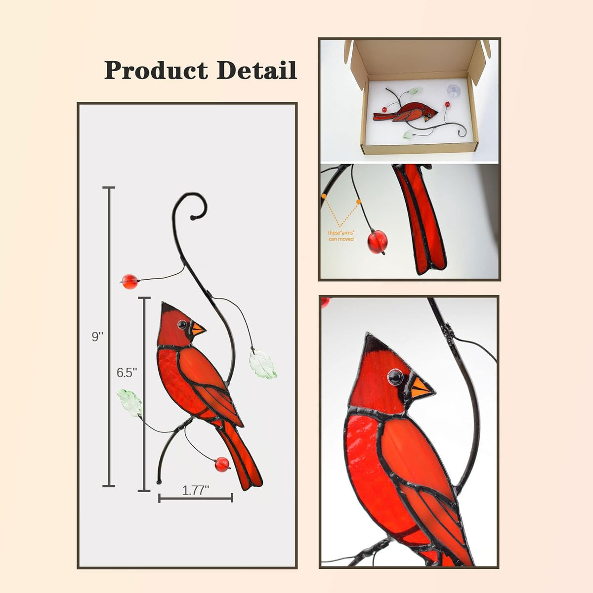 Lolitarcrafts Bigger Cardinal Stained Glass Window Hangings Cute Birds Suncathers for Window