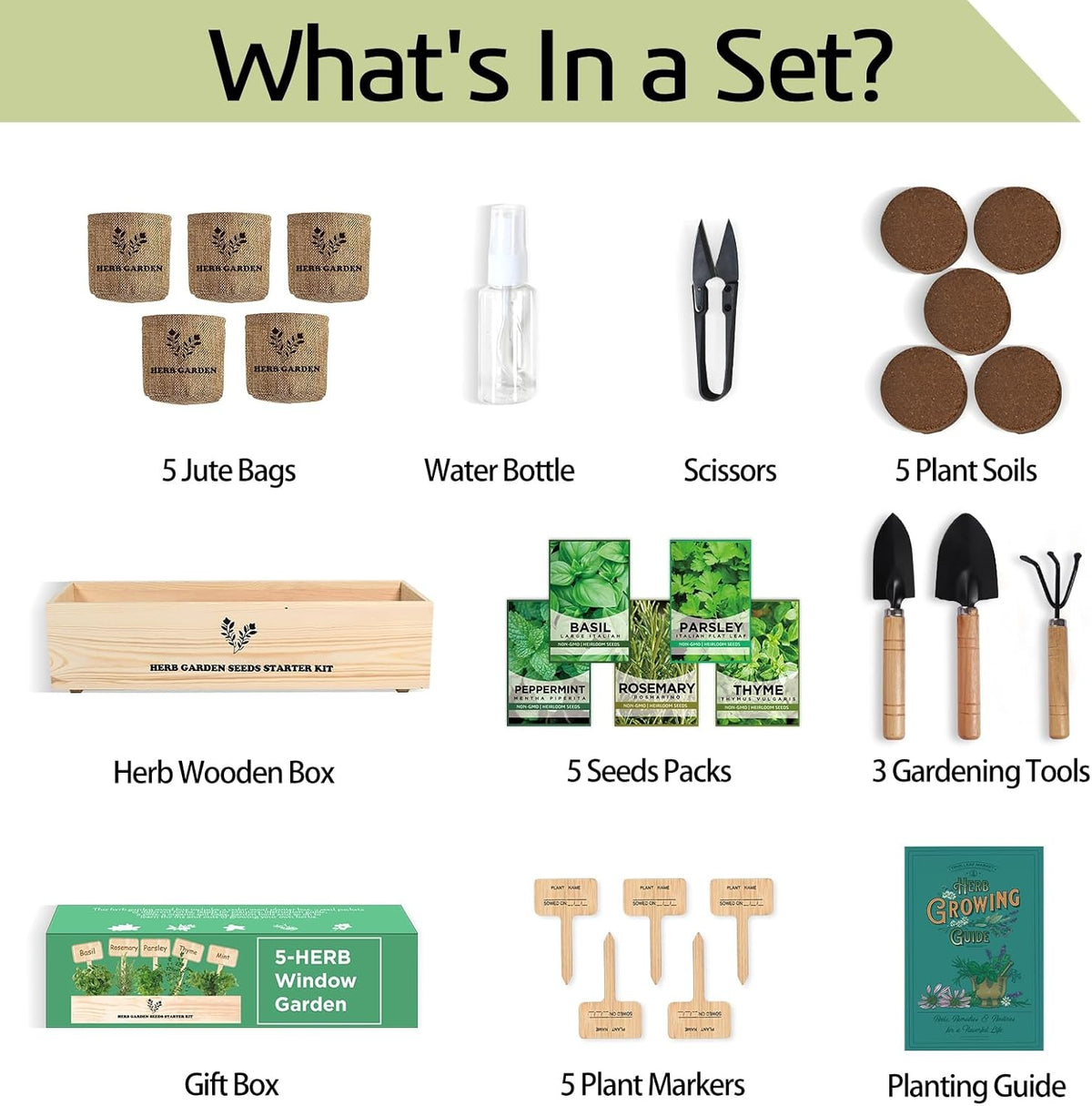 5 Herb Seeds Garden Starter Kit with Complete Planting Kit & Wooden Flower Box, Growing into Basil