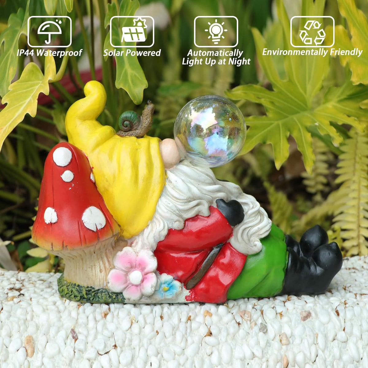 Garden Gnome Statue Outdoor Decor, Funny Gnome Figurine Lying on Mushroom with Crackle Globe