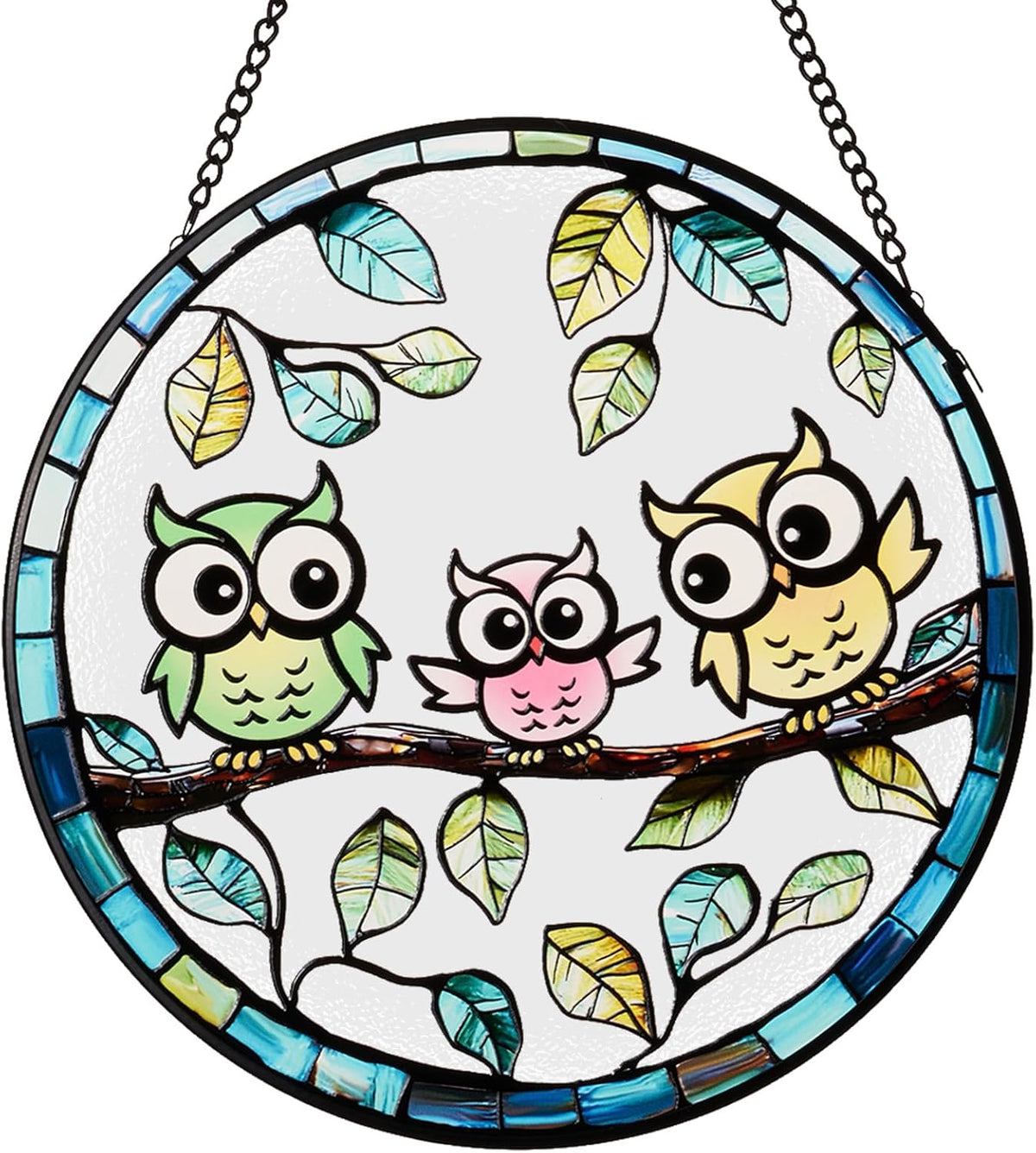 7.87” Owl Stained Glass Suncatcher - Hand-Painted Colorful Owls on Tree Window Hanging with Metal