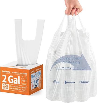 Small Trash Bags with Handles 2 Gallon 200 Count White - Ocean Plastic Upcycling - Plastic Garbage