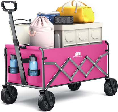 Collapsible Folding Wagon, Heavy Duty Pink Foldable Wagon Cart with Wheel, Lightweight Utility