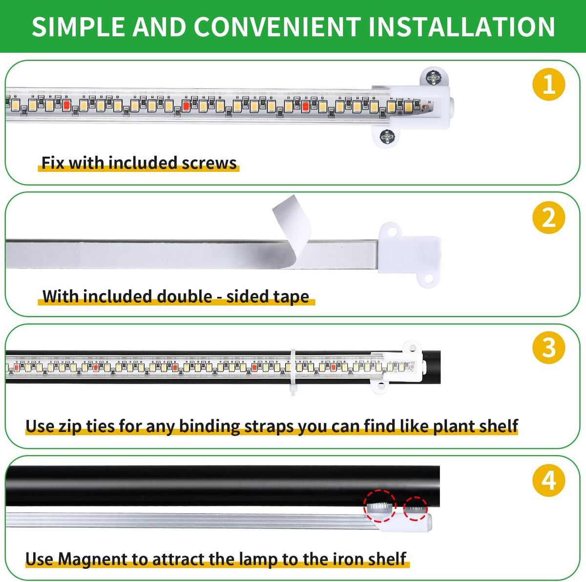 16‘’ LED Grow Light Strips for Indoor Plants，Full Spectrum 120 LEDs with 4 Install Methods