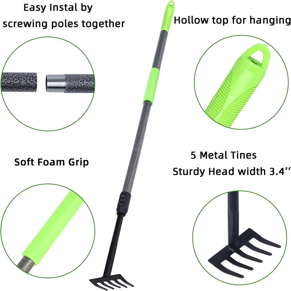 Hand Rake, Adjustable Handle Garden Small Rake Garden Tool, Heavy Duty Hand Tiller Cultivator with