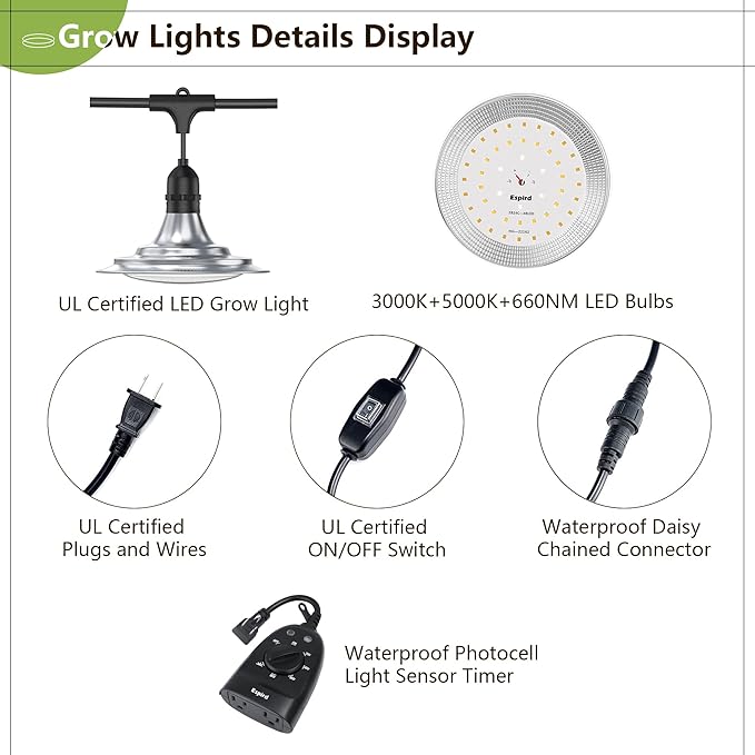 Espird Outdoor LED Grow Light with Timer, 12-Light Full Spectrum Grow Light Strip, Waterproof Plant