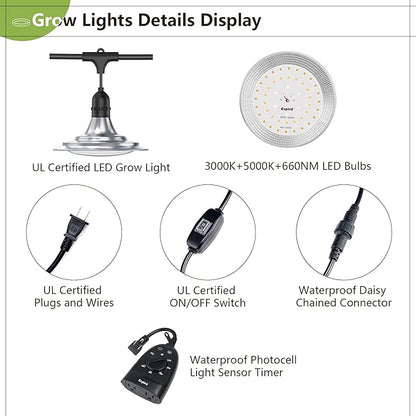 Espird Outdoor LED Grow Light with Timer, 12-Light Full Spectrum Grow Light Strip, Waterproof Plant