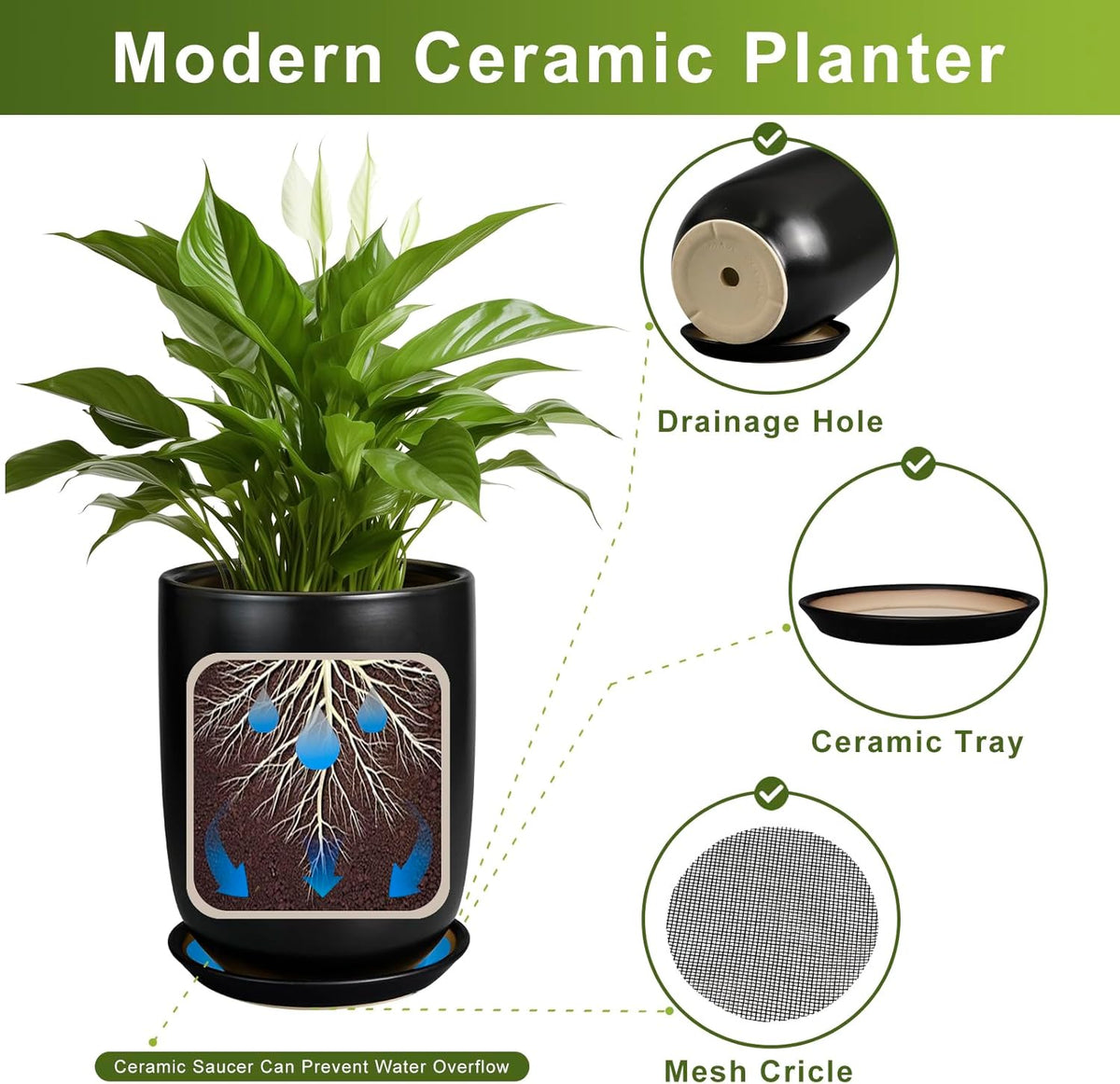 Ceramic Planter 10 Inch - Ceramic Pot for Indoor Plants Outdoor Plant Pot with Drainage Hole and