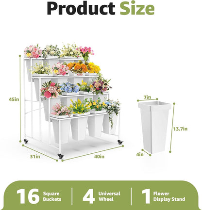 4 Layers Flower Display Stand with Buckets, 16 PCS Buckets Plant Stand with Wheels, Movable Metal