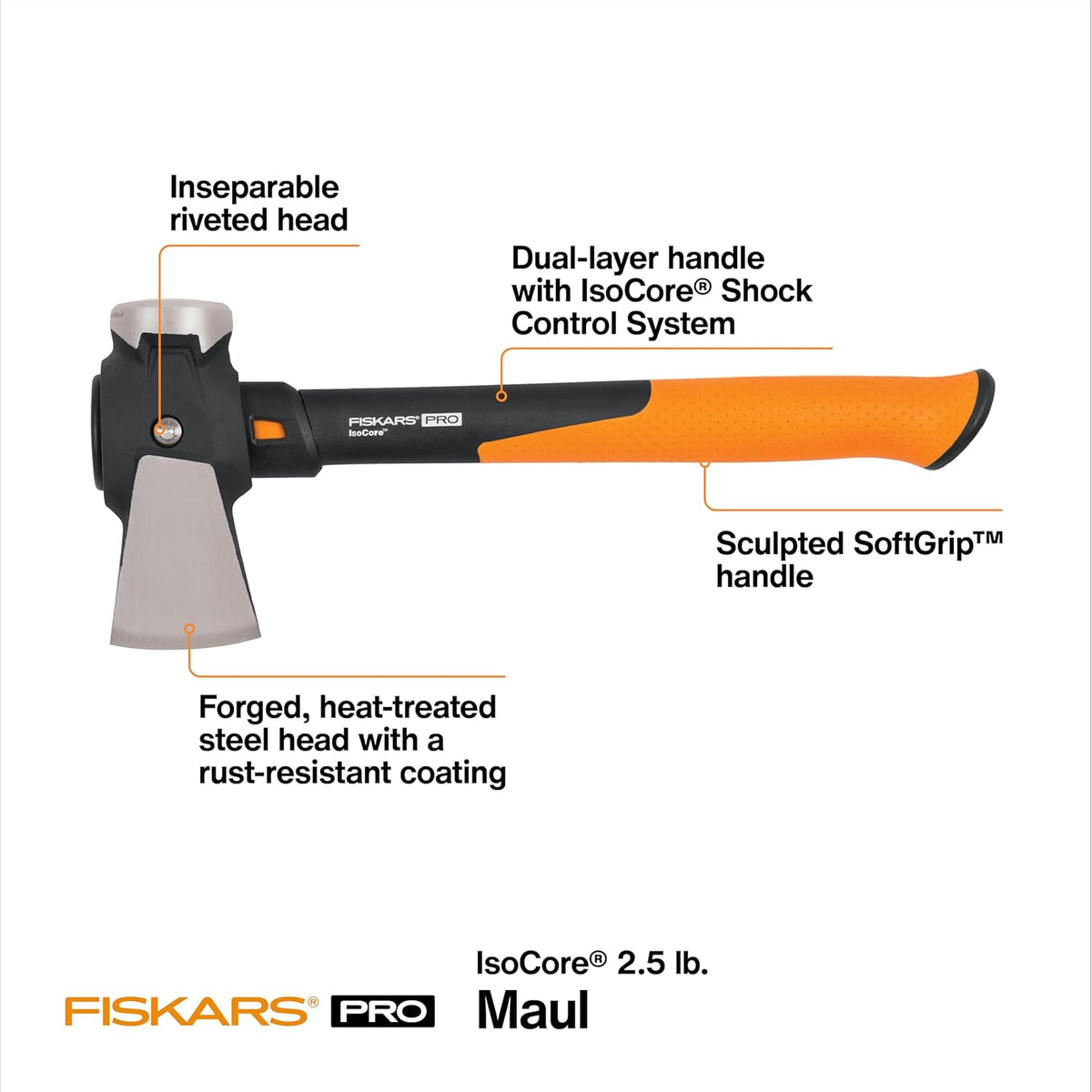 Fiskars Pro IsoCore Maul - 2.5-Pound Wood Splitter for Small Size Logs and Kindling with