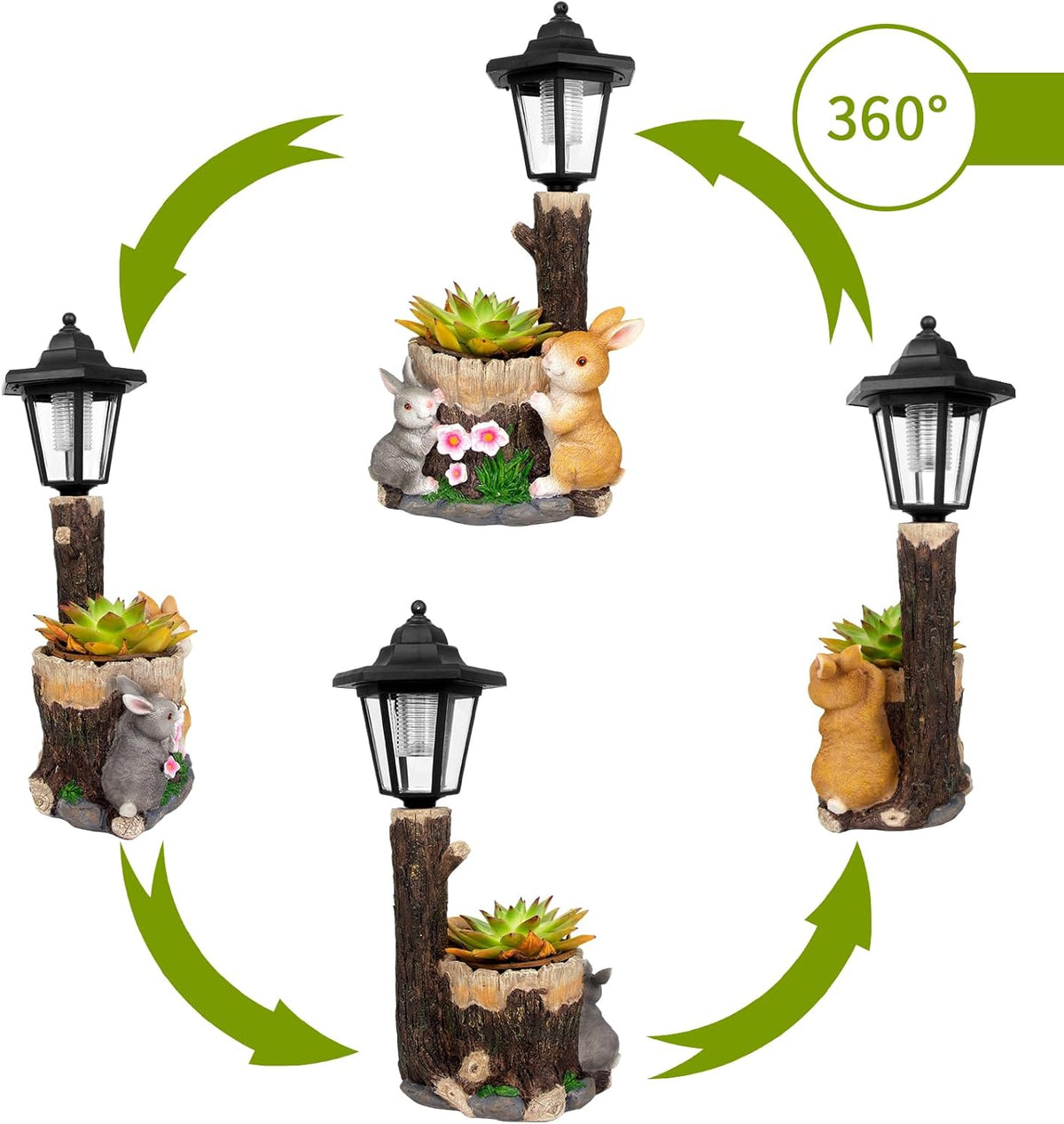 Solar Bunny Garden Stalue Outdoor, Rabbits Figurine Flowerpot Decolwith Solar Lantem for Yard Art