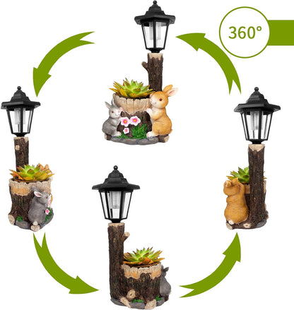 Solar Bunny Garden Stalue Outdoor, Rabbits Figurine Flowerpot Decolwith Solar Lantem for Yard Art