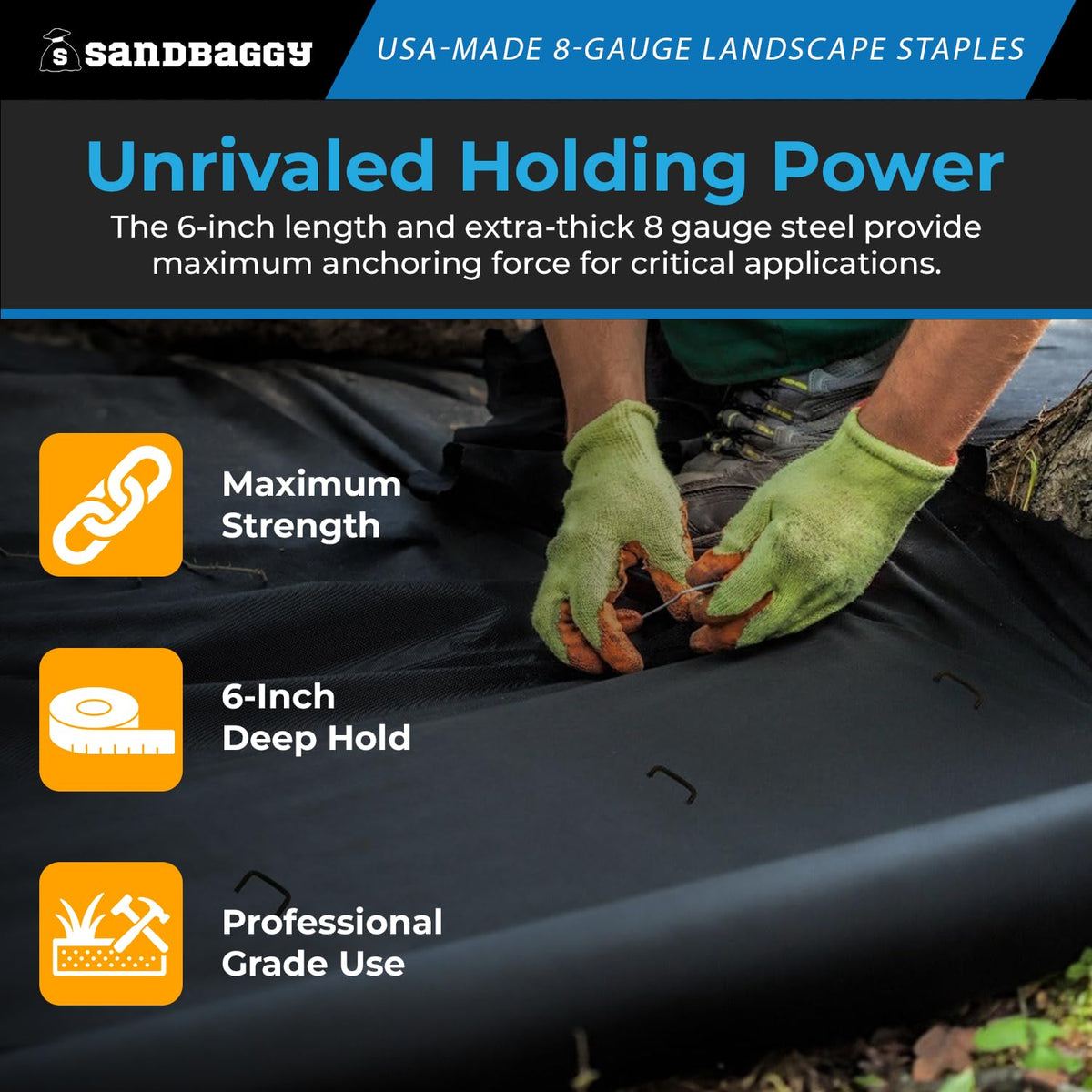 Sandbaggy USA Made 6-inch Landscape Staples - Garden Stakes - Landscaping Fabric, Netting, Sod