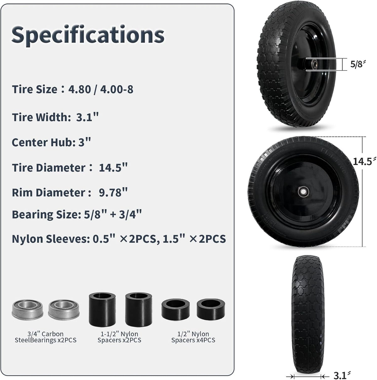 Wheelbarrow Tire 4.80/4.00-8 Flat Free Solid Tire Wheel 14.5 Inch, Replacement Heavy Duty Wheel