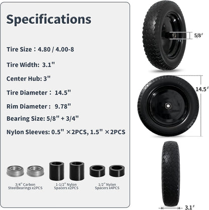 Wheelbarrow Tire 4.80/4.00-8 Flat Free Solid Tire Wheel 14.5 Inch, Replacement Heavy Duty Wheel