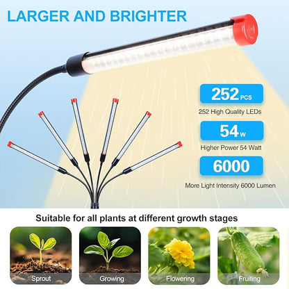 6-Head Grow Light with Stand and Timer, 54 Watt Power Home Plug LED Grow Lights for Indoor Plants