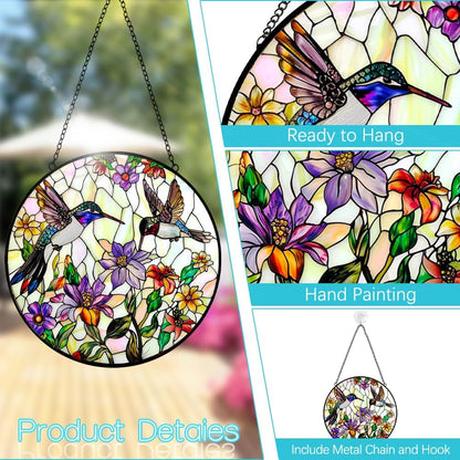 Hummingbird Sun Catcher Stained Glass Window Hanging - Wildflower and Bird Suncatchers for Windows