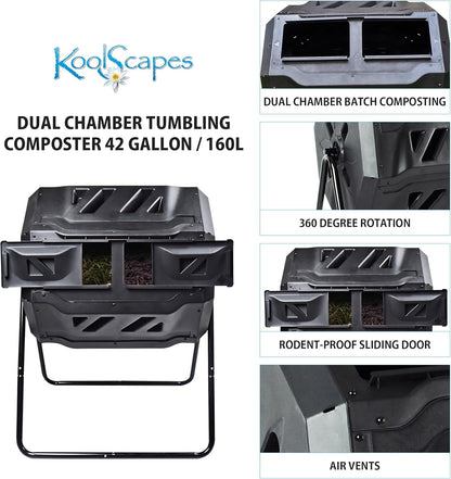 Dual Chamber Tumbling Composter 42 Gal (160L) Black Rotating Outdoor Compost Bin, Double Chamber