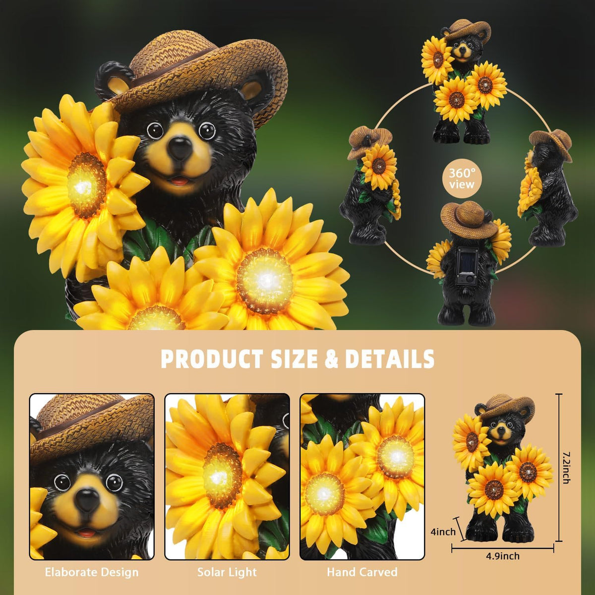 Bear Statue with Sunflowers LED Light 7.2" Solar Lamp Outdoor Garden Patio Yard Porch Lawn Decor