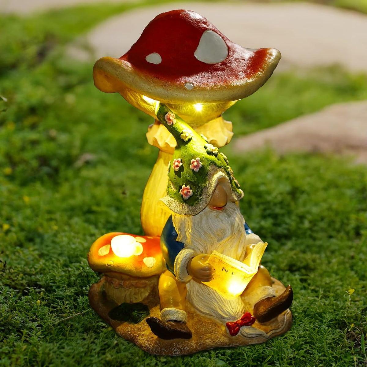 Solar Garden Outdoor Statues Gnome Reading Under Mushroom with 5 LED Solar Figurine for
