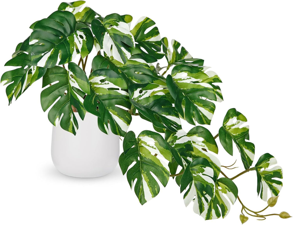 DILATATA Fake Plants Indoor 8 Inch Artificial Monstera Plant in White Ceramic Pot - Faux Potted