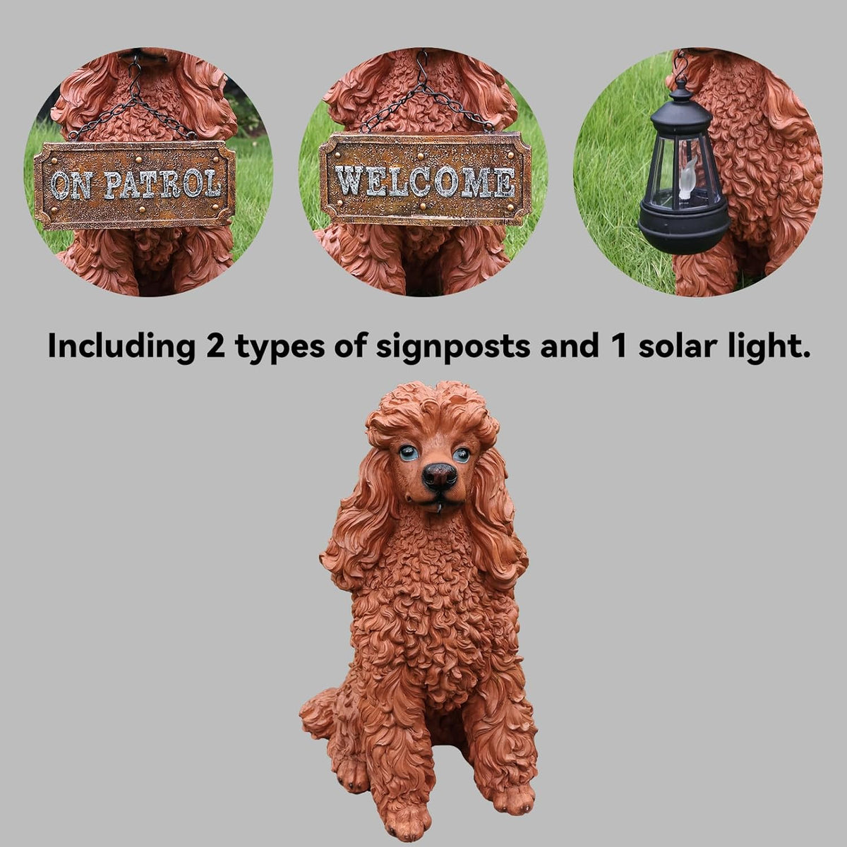 Poodle Outdoor Garden Statue with Double-Sided “Welcome/ON Patrol” Hanging Sign and Solar Lantern