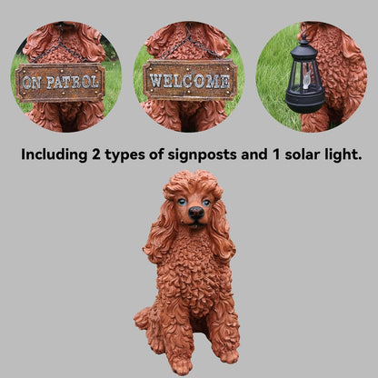 Poodle Outdoor Garden Statue with Double-Sided “Welcome/ON Patrol” Hanging Sign and Solar Lantern