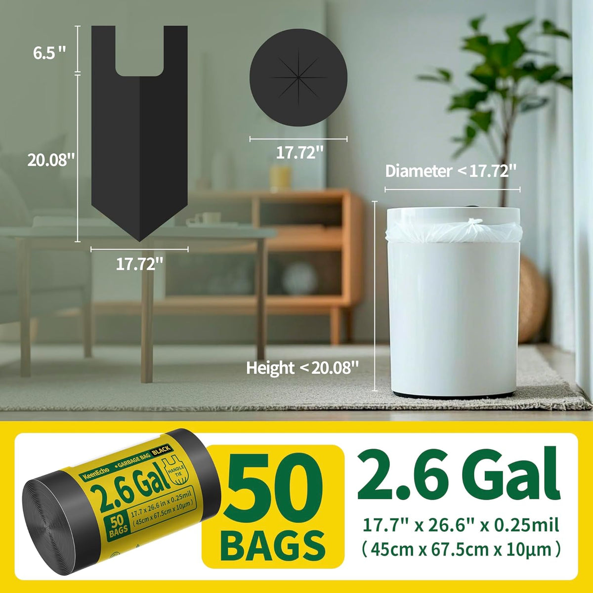 Small Trash Bags with Handles 2.6 Gallon 50 Count Black - Ocean Plastic Upcycling - Plastic Garbage
