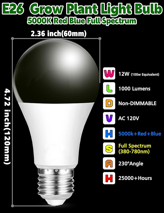 Red Blue 5000K LED Grow Light Bulb Full Spectrum 100w Equivalent, A19 E26 12W Sun Plant Light Bulbs
