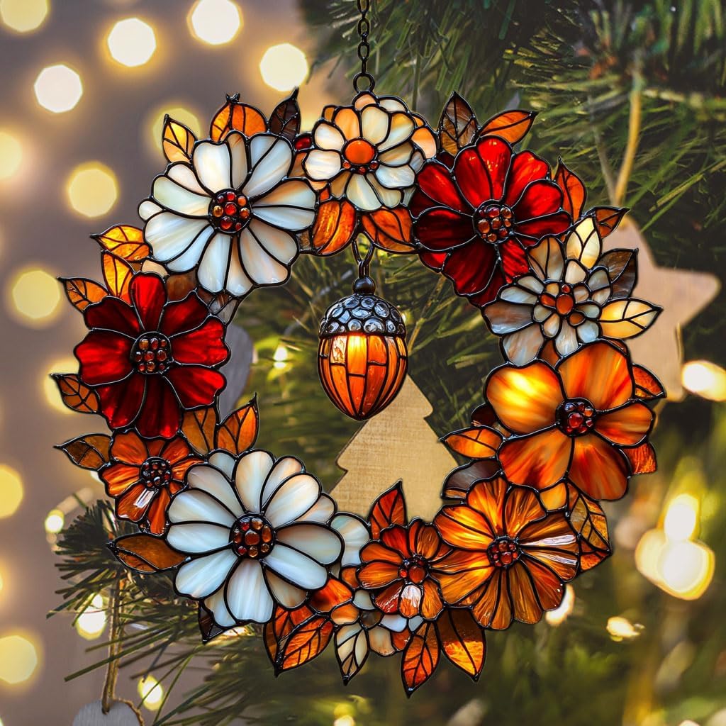 Autumn Floral Wreath Acrylic Suncatcher Stained Glass Effect Window Car Hanging Christmas Ornament