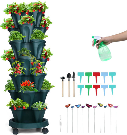 Vertical Planter, 7 Tier Stackable Strawberry Planter with Garden Tool Set, Movable Indoor/Outdoor