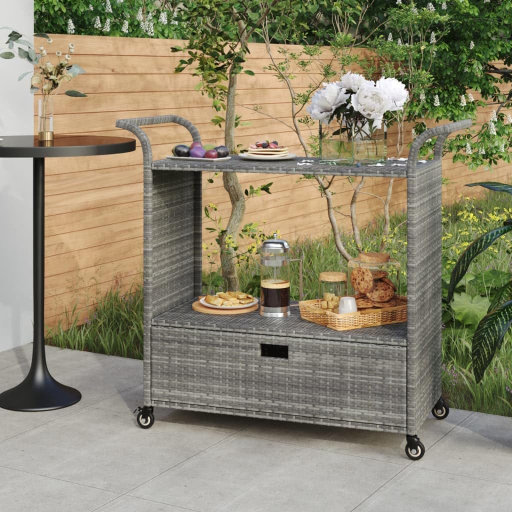 Outdoor Rolling Wicker Bar Cart with Drawer, Portable Bar Cart with Wheels, Patio Kitchen Island