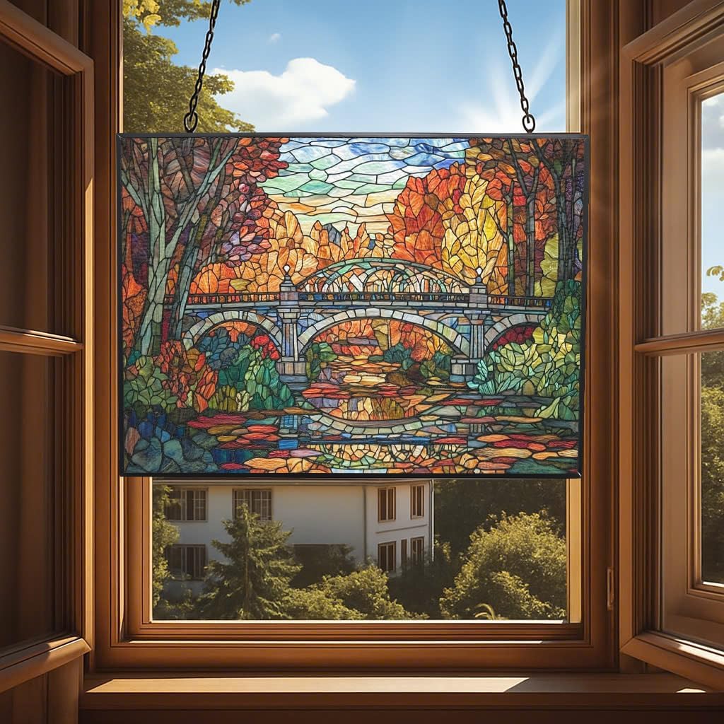 Rectangle Art Nouveau Forest Train Bridge Stained Glass Sun Catcher, Wall Hanging Colored Decor