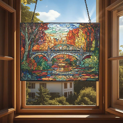Rectangle Art Nouveau Forest Train Bridge Stained Glass Sun Catcher, Wall Hanging Colored Decor