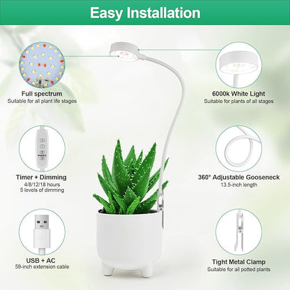 Pot Clip LED Grow Lights for Indoor Plants, Full Spectrum with 5-Level Dimmable, Auto On Off