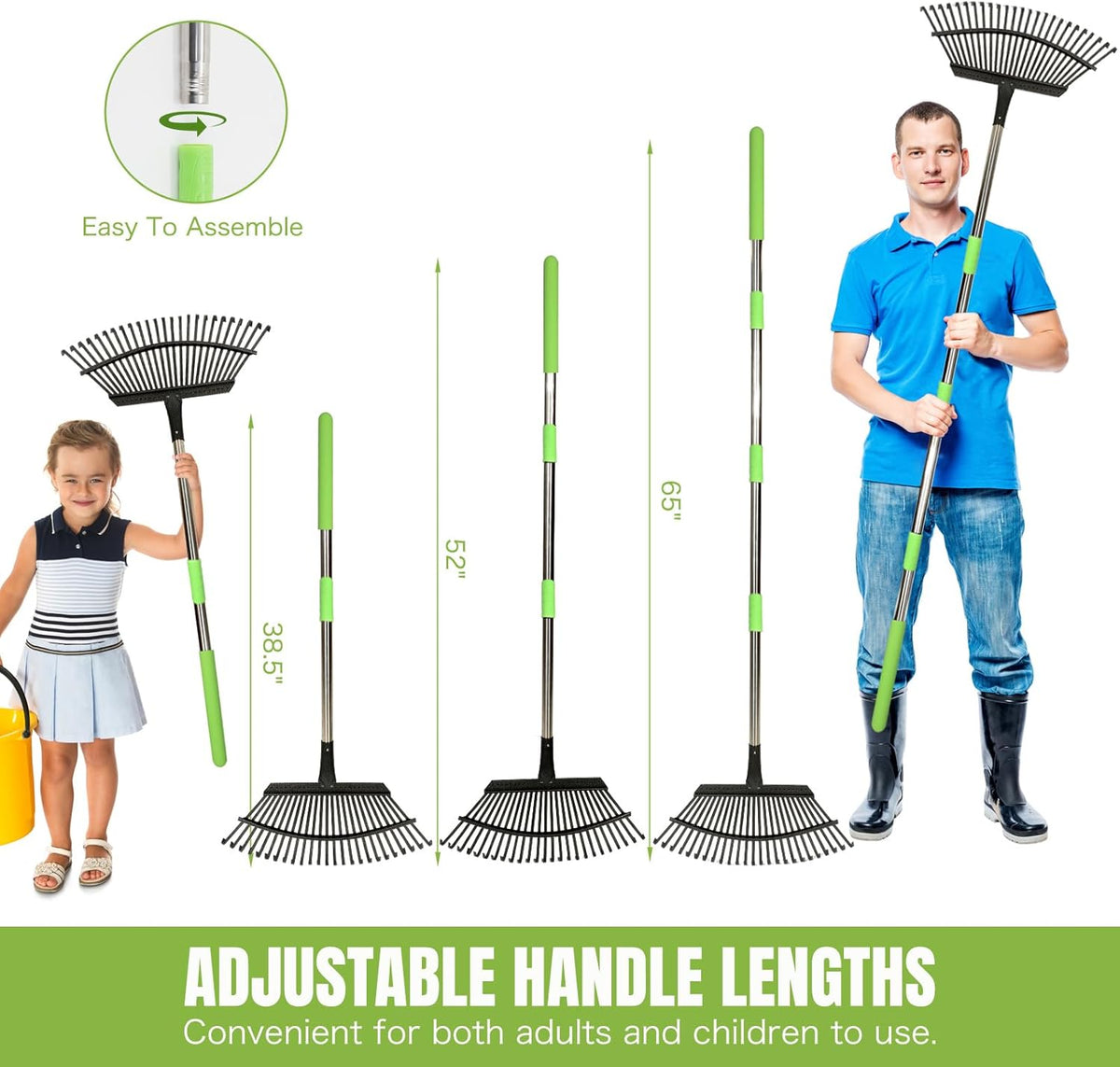 Joyhalo Rake for Leaves Adjustable 65 Inch Long, 18 Inch Wide Garden Rake with 25 Tines, Metal Leaf