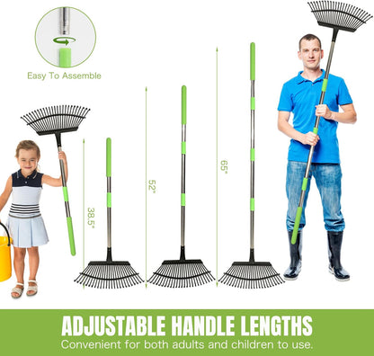 Joyhalo Rake for Leaves Adjustable 65 Inch Long, 18 Inch Wide Garden Rake with 25 Tines, Metal Leaf