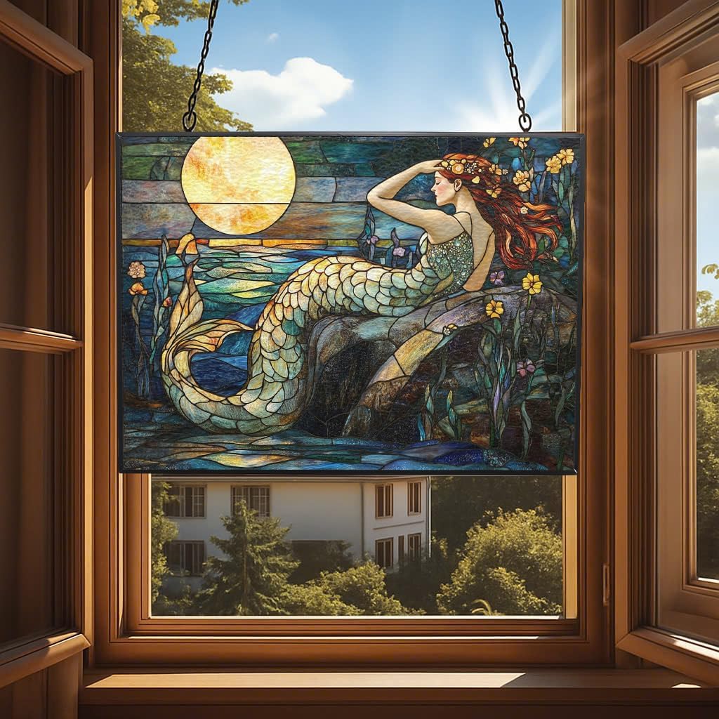 Rectangle Art Nouveau Moonlit Mermaid Stained Glass Sun Catcher, Wall Hanging Colored Decor Room