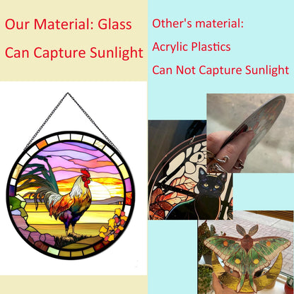 Rooster Hanging Stained Glass Sun Catcher,20cm/7.87inch Hand-Painted Sun Catcher Garden Hangings