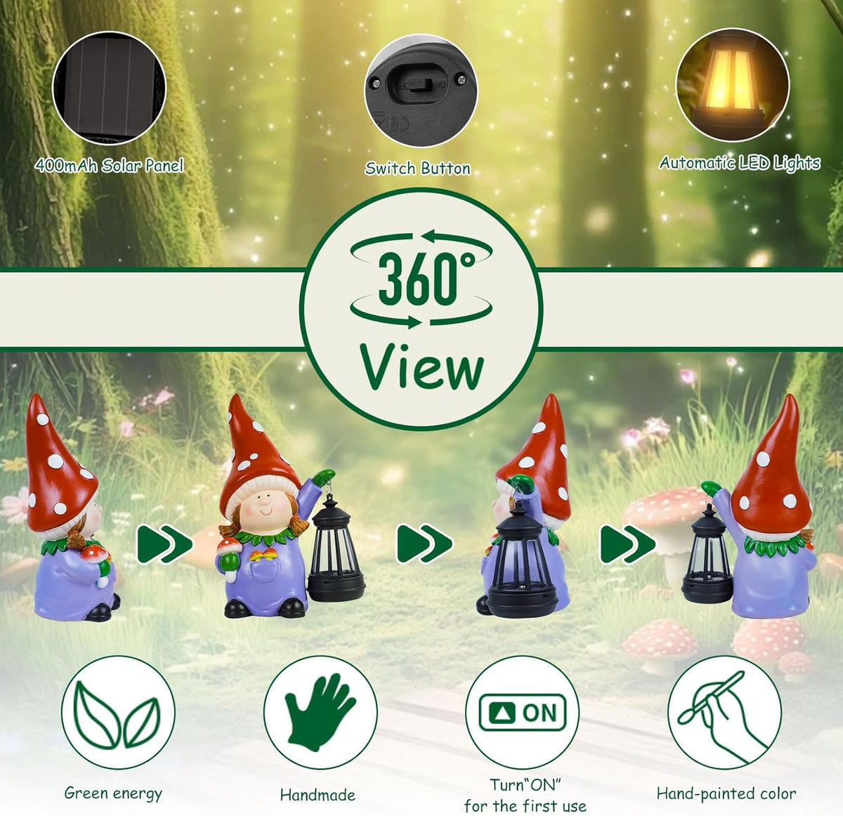 Gnome Statue Garden Ornaments Art Outdoor Decoration with Solar Powered LED Lights Decor for