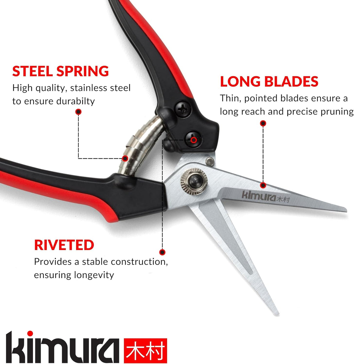 Kimura® 8" Pro Pruning Scissors, Premium Japanese SK5 Hi-Carbon Steel Blades, Non-Slip Vinyl Coated