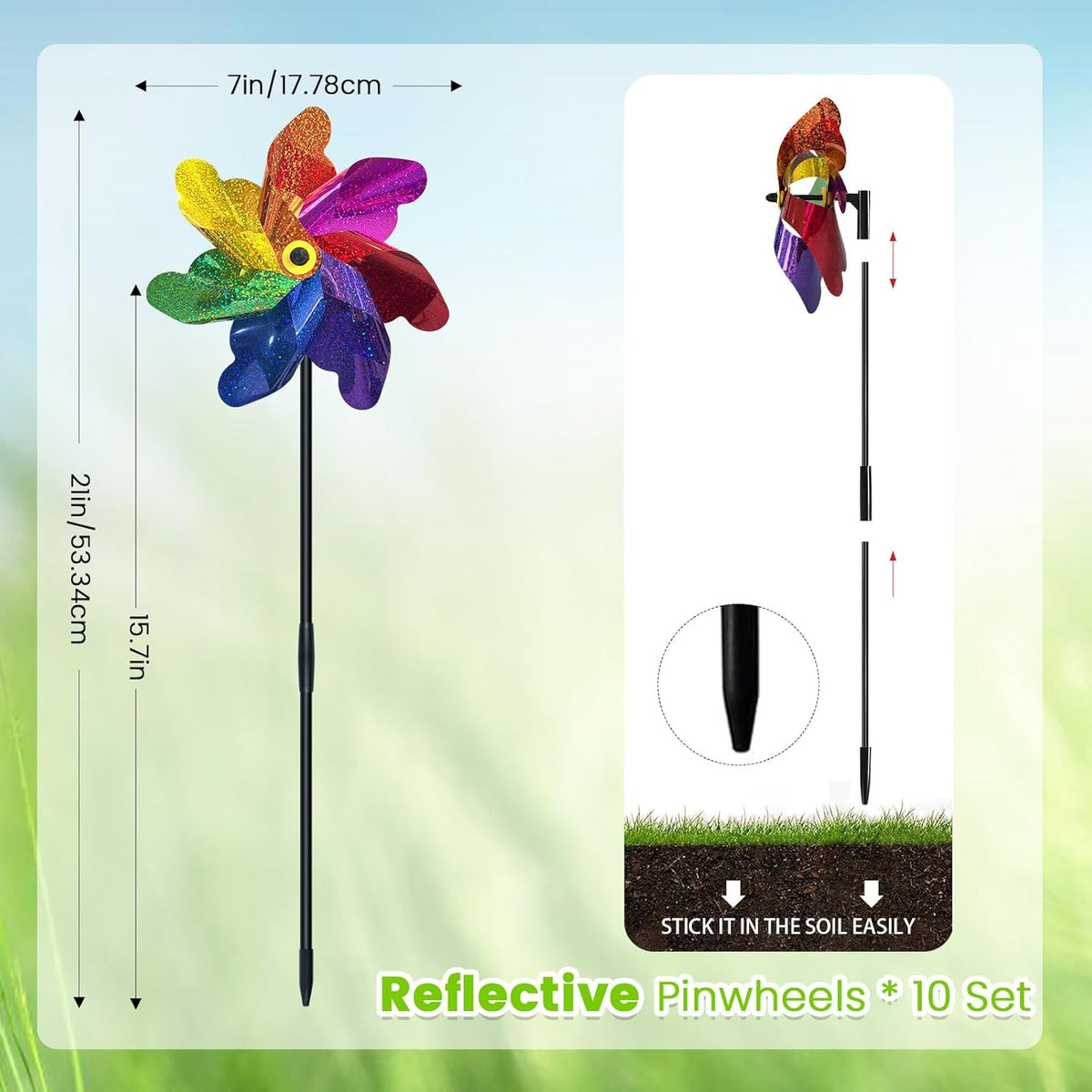 10 PCS Reflective Pinwheels for Yard and Garden Bird Devices Pre-Installed Sparkly Wind Spinner