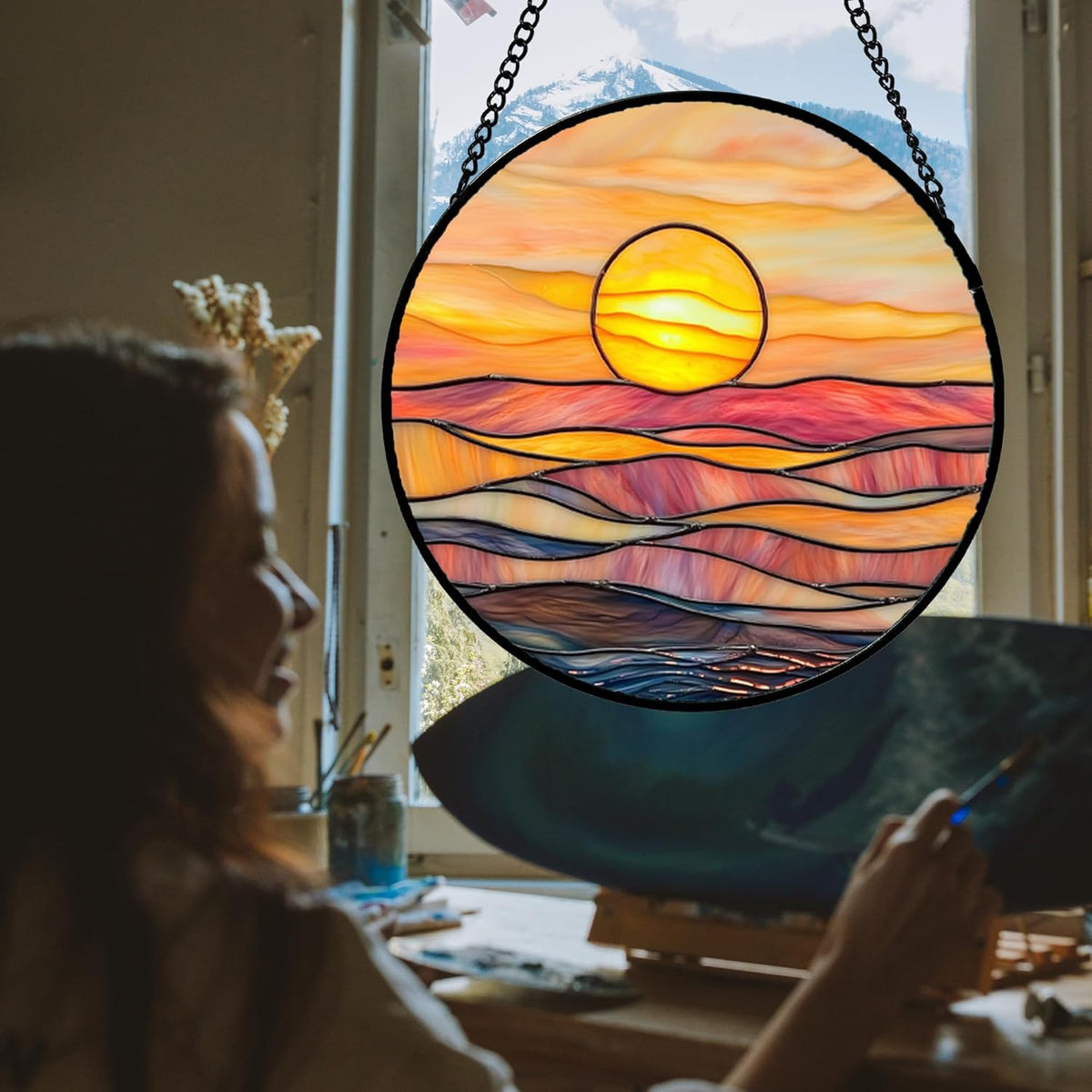 Stained Glass Window Hanging, Orange Sunrise Suncatcher Diamond Glass Panel Hangings Scenery Sun