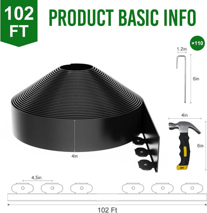 102FT Landscape Edging 4 in Tall with 110 Spikes, Garden Edging Border and 1 Hammer, Plastic