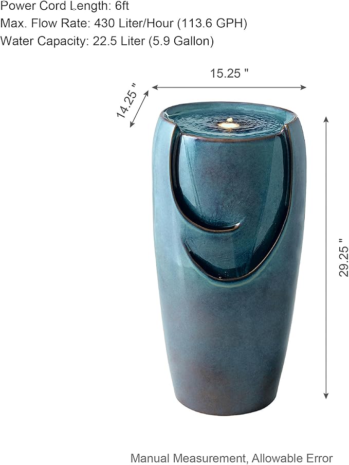 Glitzhome 29.25" H Oversized Ceramic Vase Outdoor Water Fountain Tall Patio Garden Water Fountain